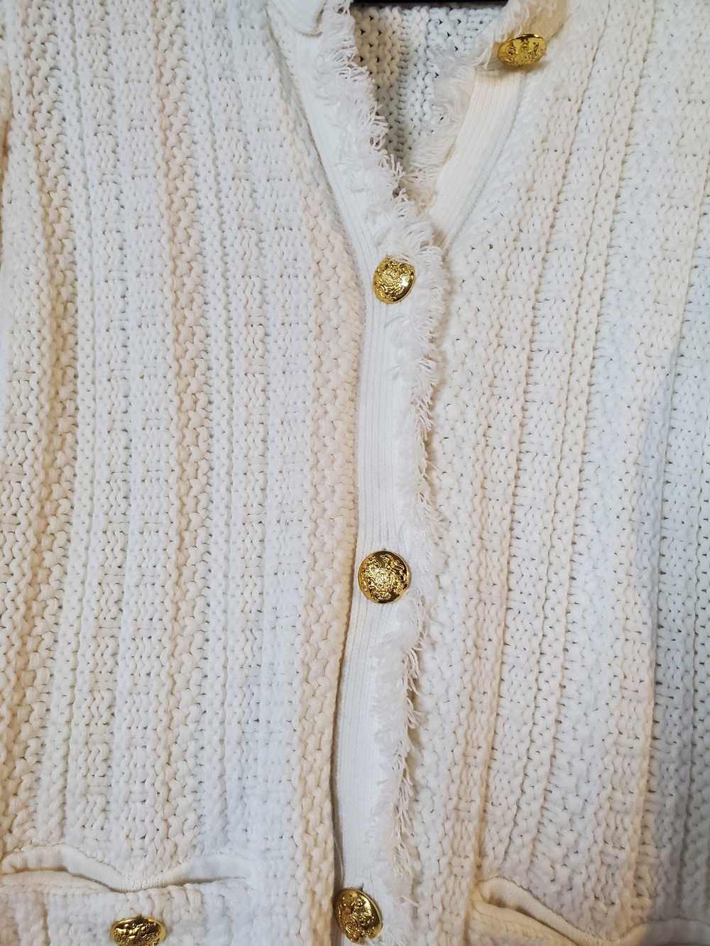 Express Cream Fringe-Trim Gold-Button Knit Cardigan - Picture 3 of 8